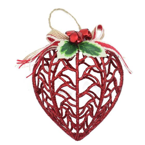 Imagem de Kit Conjunto 12 Peças Decoração Enfeite Bola Coração Árvore Natal Vermelha Glitter Natalina 11,5cm