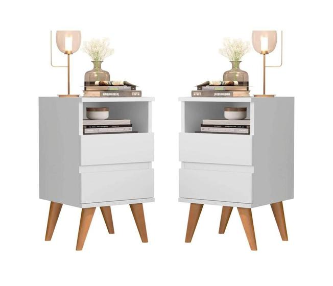 Imagem de Kit Conjunto 2 Mesas de Cabeceira Estilo Retrô com Pés Palito  Design Pop e Sofisticado Branco