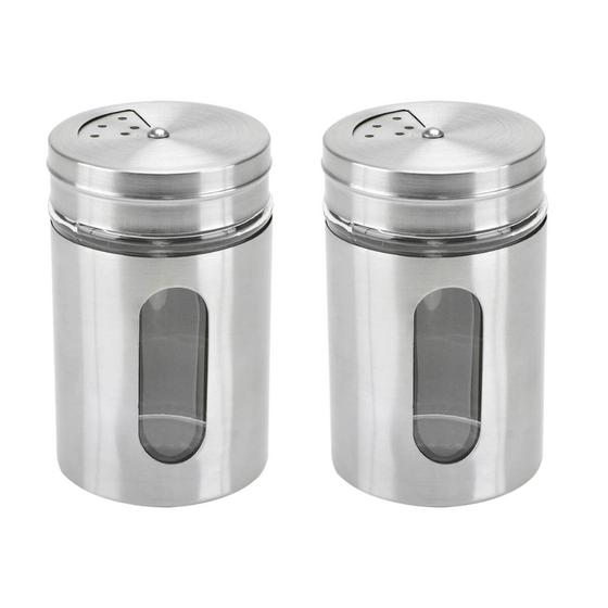 Imagem de Kit Conjunto 2 Saleiro Pimenteiro Inox Vidro Moderno Gourmet Cozinha Mesa Posta Sal Pimenta Tempero Almoço Restaurante Decoração