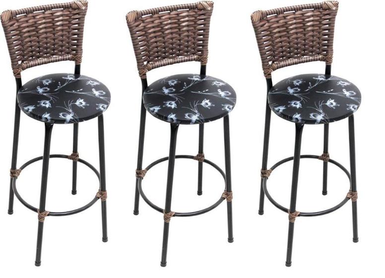 Imagem de Kit Conjunto 3 banquetas altas em aço cor preto encosto com junco sintético p/ balcão / area gourmet / churrasco / festa assento Floral Preto madeira