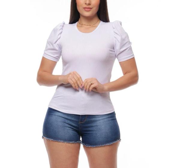 Imagem de Kit conjunto 3 Blusas canelada feminina gola rasa manga curta princesa bufante novidade