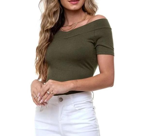 Imagem de Kit conjunto 3 Blusas canelada ombro a ombro ciganinha manga curta com bojo feminina moda