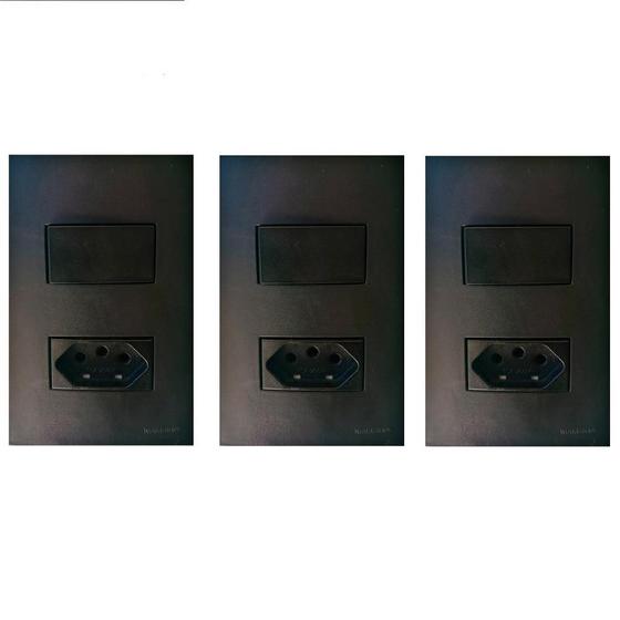 Imagem de Kit Conjunto 3 Placas 4x2 Interruptor Simples + Tomada 20a/10a Preto Fosco Margirius Ebony Clean