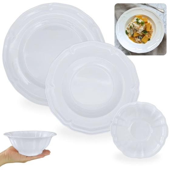 Imagem de Kit Conjunto 4 Pratos Fundos + 4 Pratos Rasos + Tigela 650ml Bordas Delicadas Melamina / Plastico Bestfer