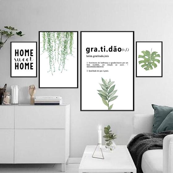 Kit Conjunto 4 Quadros Frases Folhagem Gratidão Verde Decorativo - Oppen House Menor preço em Kit Conjunto 4 Quadros Frases Folhagem Gratidão Verde Decorativo - Oppen House