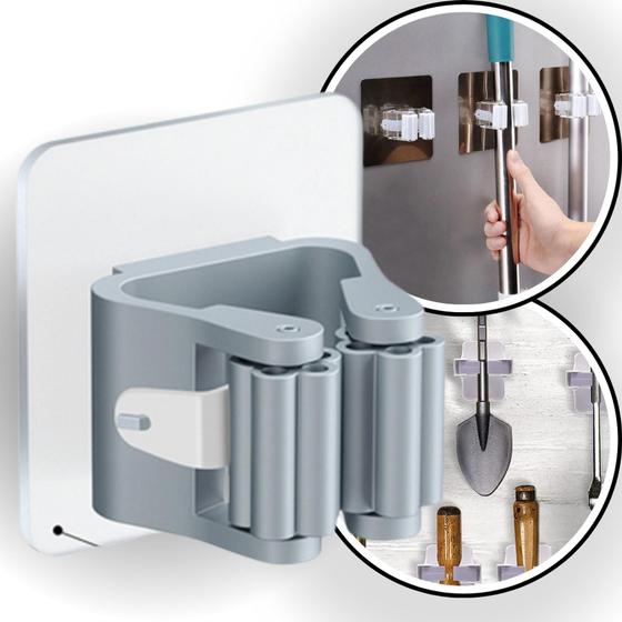 Imagem de Kit Conjunto 5 Unidades Suporte Multiuso de Parede Vassoura Rodo Pá Com Cola 3M