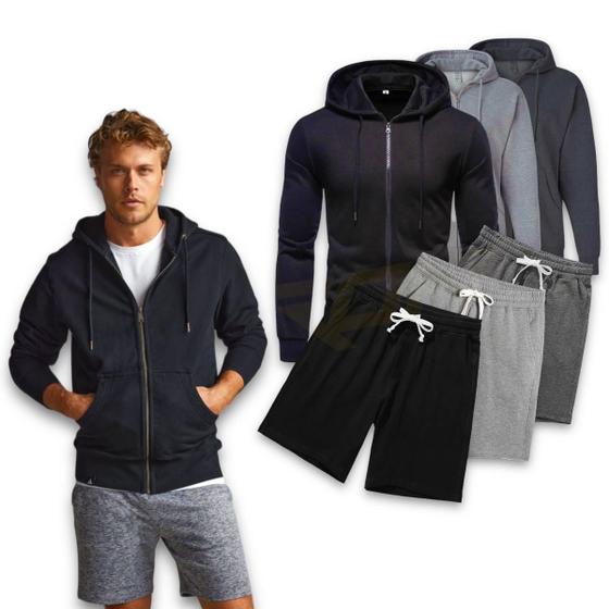 Imagem de Kit Conjunto Blusa MOLETOM ZÍPER + Bermuda Short Academia Frio MASCULINO 525