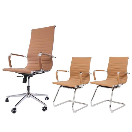 Imagem de Kit Conjunto Cadeira de Escritório Presidente Eames Eiffel + 2 Cadeiras Interlocutor Fixas Caramelo