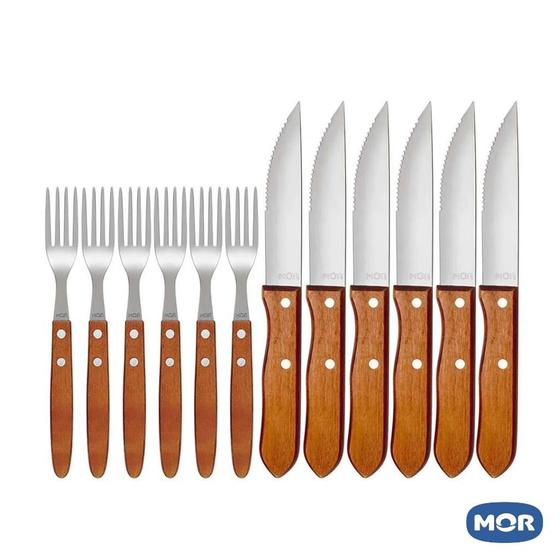 Imagem de Kit conjunto churrasco mor garfo e faca madeira 12 peças