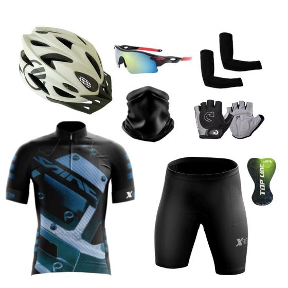 Imagem de Kit Conjunto Ciclismo Camisa Bermuda Proteção UV + Capacete Ciclismo + Luvas + Óculos Esportivo + Manguito + Bandana