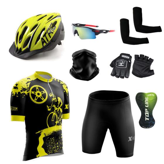 Imagem de Kit Conjunto Ciclismo Camisa e Bermuda + Capacete de Ciclismo C/ Luz LED + Luvas de Ciclismo + Óculos Esportivo +  Par de Manguitos + Bandana
