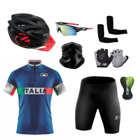 Imagem de Kit Conjunto Ciclismo Camisa e Bermuda Proteção UV + Capacete Ciclismo + Luvas + Óculos Esportivo + Manguito + Bandana