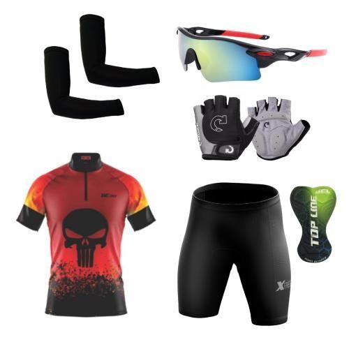 Imagem de Kit Conjunto Ciclismo Camisa e Bermuda Proteção UV + Luvas + Óculos Esportivo + Manguitos