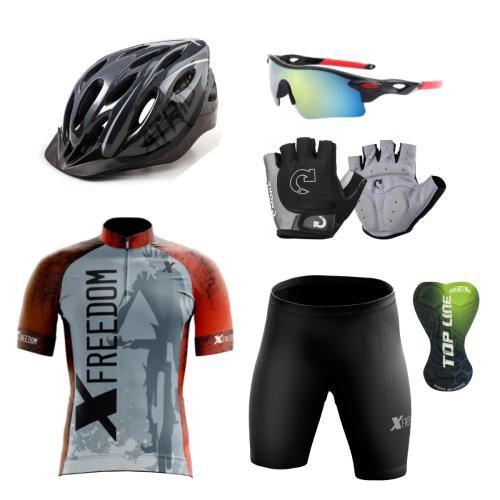 Imagem de Kit Conjunto Ciclismo Camisa Proteção UV e Bermuda em Gel + Capacete Ciclismo + Luvas Ciclismo + Óculos