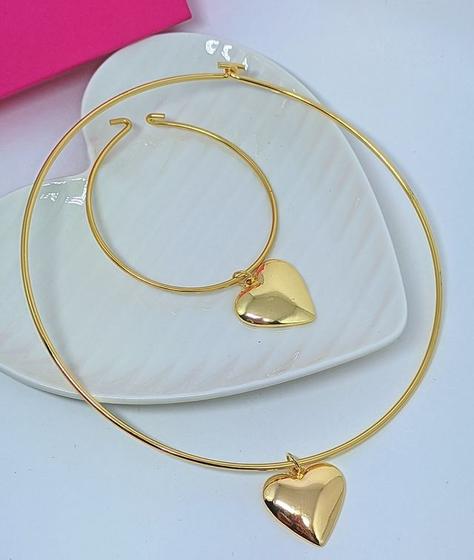 Imagem de Kit Conjunto Colar Choker e Pulseira Elo Aro com Pingente Pequeno Liso Folheado Ouro 18k Dourado Moda Blogueira luxo
