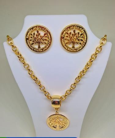 Imagem de Kit Conjunto Colar e Brincos Arvore da Vida Corrente Elo Português Feminino Folheado Ouro 18k Gargantilha