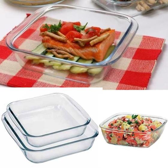 Imagem de Kit Conjunto com 2 Assadeiras De Vidro Retangular Refratárias Forno Microondas