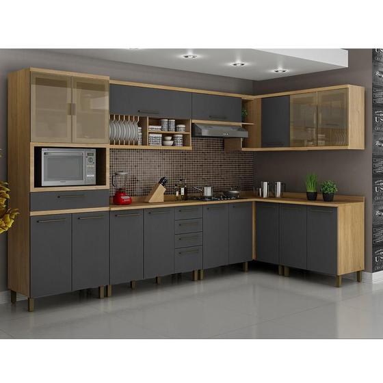 Kit Conjunto Cozinha Completa Modulada Balcão Paneleiro Armário 8 Peças MDP Marrom Madeira Cinza Menor preço em Kit Conjunto Cozinha Completa Modulada Balcão Paneleiro Armário 8 Peças MDP Marrom Madeira Cinza