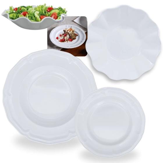 Imagem de Kit Conjunto de 4 Pratos Fundos 22,5 Cm + 4 Pratos de Sobremesa 17 Cm + Uma Saladeira Centro de Mesa Melamina / Plastico  Bestfer 