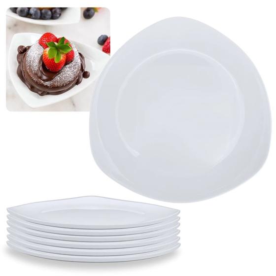 Imagem de Kit Conjunto de 6 Pratos de Sobremesa Raso Branco 18,3 Cm Borda Triangular Delicada em Melamina / Plastico Premium  Bestfer 