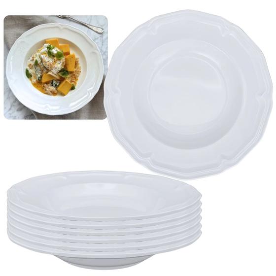 Imagem de Kit Conjunto de 6 Pratos Fundos Branco 22,5 Cm Borda Decorada Delicada em Melamina / Plastico Premium  Bestfer 