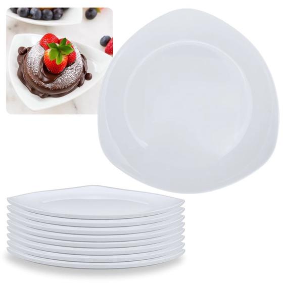 Imagem de Kit Conjunto de 8 Pratos de Sobremesa Raso Branco 18,3 Cm Borda Triangular Delicada em Melamina / Plastico Premium  Bestfer 