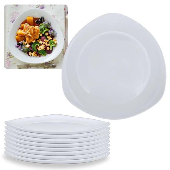 Imagem de Kit Conjunto de 8 Pratos Rasos Brancos 21,6 Cm Borda Triangular Delicada em Melamina / Plastico Premium Bestfer