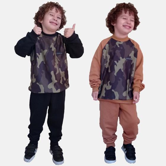 Imagem de Kit Conjunto de Moletom Flanelado Grosso + Calça e Blusa Infantil Camuflado Manabana