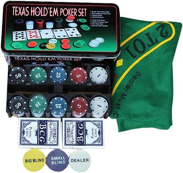 Imagem de Kit Conjunto de Poker com Estojo, 200 Fichas, 3 Botões, 2 Baralhos e 1 Feltro- Texas Holdem