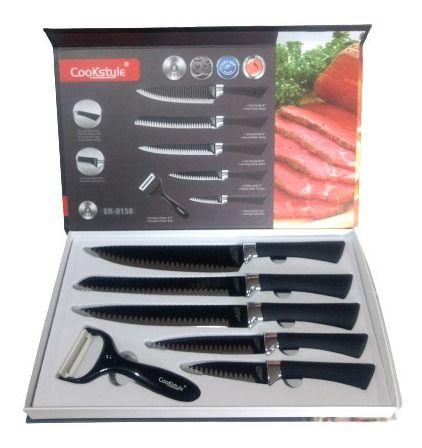 Imagem de Kit Conjunto Facas Aço Inox Cozinha 06 Peças Preto Premium