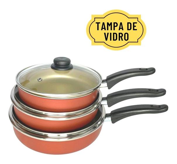 Imagem de Kit Conjunto Frigideira Antiaderente 3 Peças Com Tampa De Vidro