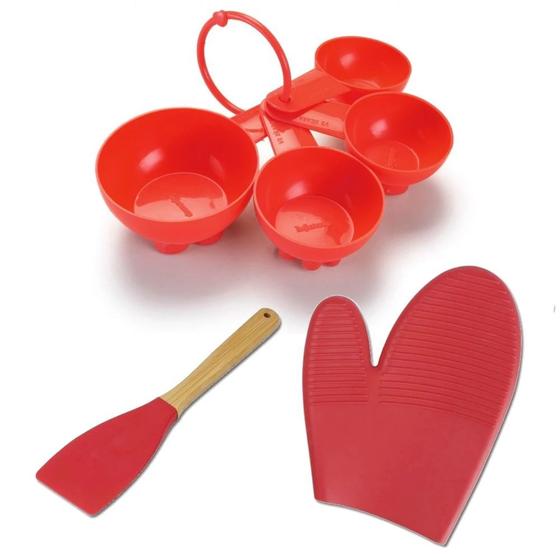 Imagem de Kit Conjunto Medidor 4 Pecas Vermelho + Luva e Espatula em Silicone Vermelha