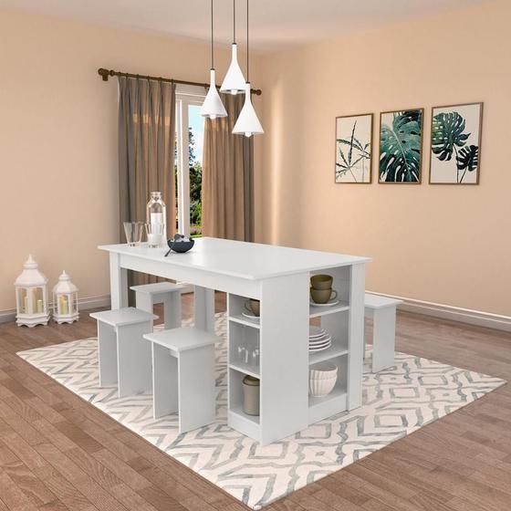 Kit Conjunto Mesa 2 Prateleiras Compacta Com 4 Bancos Versátil Multiuso Sala de Jantar Branco Menor preço em Kit Conjunto Mesa 2 Prateleiras Compacta Com 4 Bancos Versátil Multiuso Sala de Jantar Branco