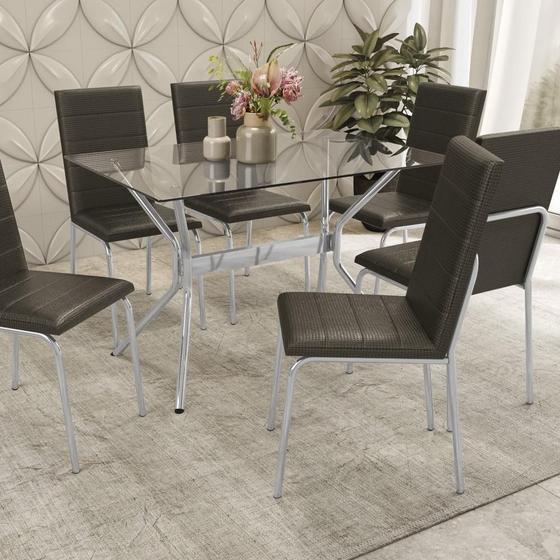 Kit Conjunto Mesa 6 Cadeiras 120 x 80 cm Sala de Jantar Cozinha Vidro Metal Cromado Marrom Menor preço em Kit Conjunto Mesa 6 Cadeiras 120 x 80 cm Sala de Jantar Cozinha Vidro Metal Cromado Marrom