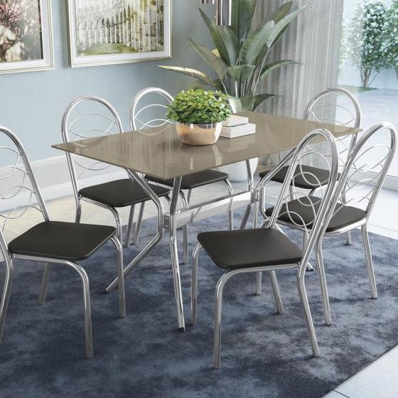 Kit Conjunto Mesa 6 Cadeiras 140 x 80 cm Sala de Jantar Cozinha Vidro Bronze Metal Cromado Preto Menor preço em Kit Conjunto Mesa 6 Cadeiras 140 x 80 cm Sala de Jantar Cozinha Vidro Bronze Metal Cromado Preto