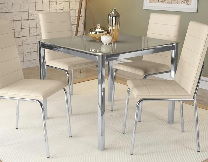 Imagem de Kit Conjunto Mesa Quadrada 4 Cadeiras 90 x 90 cm Sala de Jantar Cozinha Vidro Metal Cromado Nude