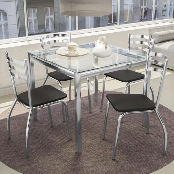Kit Conjunto Mesa Quadrada 4 Cadeiras 90 x 90 cm Sala de Jantar Cozinha Vidro Metal Cromado Preto - Kappesberg Imagem de Kit Conjunto Mesa Quadrada 4 Cadeiras 90 x 90 cm Sala de Jantar Cozinha Vidro Metal Cromado Preto