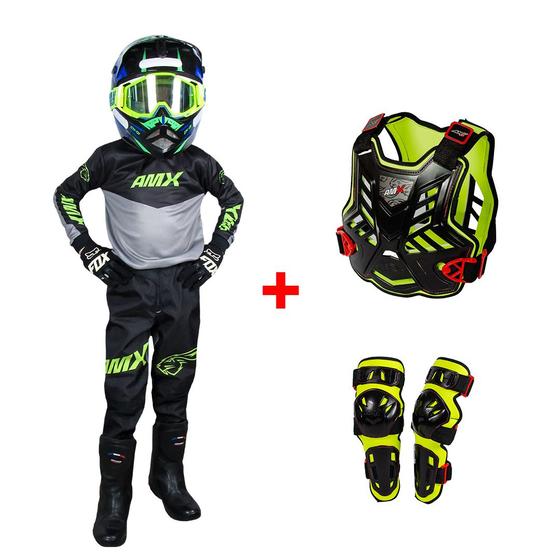 Imagem de Kit Conjunto Motocross Infantil Cinza+ Colete + Joelheira