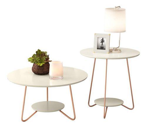 Imagem de Kit conjunto par mesas de centro + mesinha lateral pés em metal varias cores decoração 100% mdf resistente