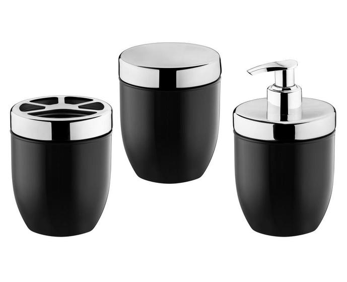 Imagem de Kit Conjunto Para Pia De Banheiro Preto 3 Peças Porta Algodão Escovas Dental Sabonete Líquido Dispenser