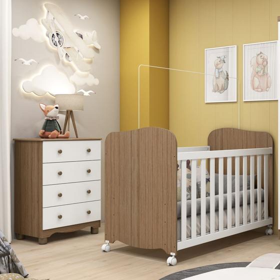 Imagem de Kit Conjunto para Quarto de Bebê Com Berço Americano Cômoda MDF Móveis Peroba Marrom Madeira Branco