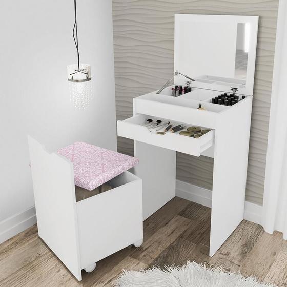 Imagem de Kit Conjunto Penteadeira Camarim Com Espelho 1 Gaveta Maquiagem Quarto E Banco Puff Com Baú Branco