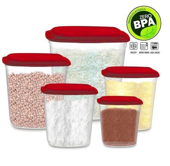 Imagem de Kit Conjunto Porta Mantimentos Arroz Feijão Sal Açucar Farinha Organizador Multiuso Com 5 Peças Uninjet - Vermelho