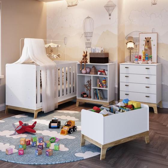 Imagem de Kit Conjunto Quarto Infantil Berço Para Bebê 3 em 1 Cômoda Estante Caixa Organizadora Branco