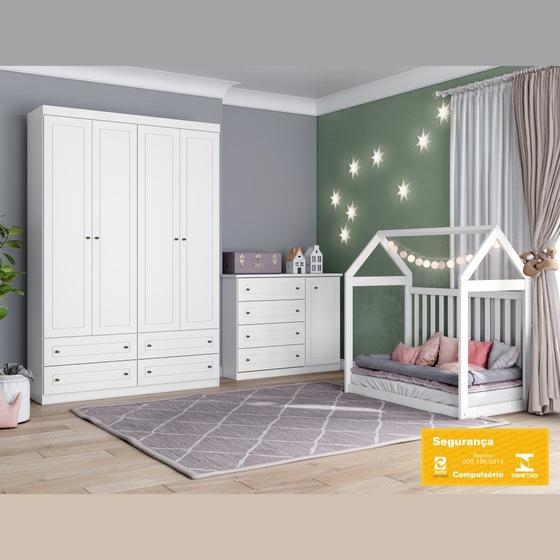 Imagem de Kit Conjunto Quarto Infantil Guarda Roupa Roupeiro Cama Berço Cômoda Multiuso Gaveteiro MDF Branco