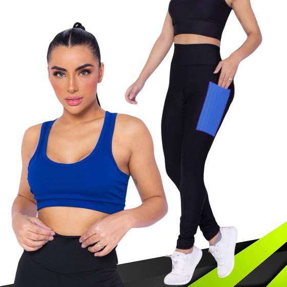 Imagem de Kit conjunto TOP ALÇA MÉDIA bojo + CALÇA LEGGING BOLSOS Feminino Academia Corrida Fitness 701