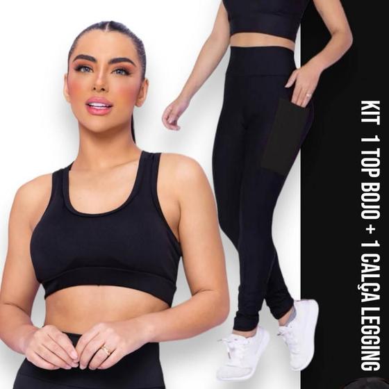 Imagem de Kit conjunto TOP ALÇA MÉDIA bojo + CALÇA LEGGING BOLSOS Feminino Academia Corrida Fitness 701