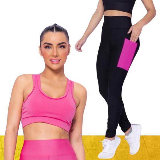 Imagem de Kit conjunto TOP ALÇA MÉDIA bojo + CALÇA LEGGING BOLSOS Feminino Academia Corrida Fitness 701