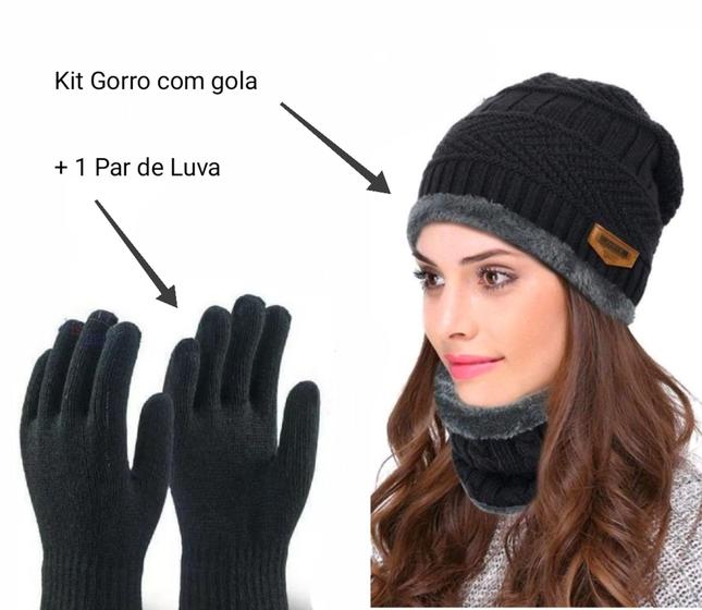 Imagem de Kit Conjunto Um Gorro Com Cachecol Gola + Um Par de Luva Preta