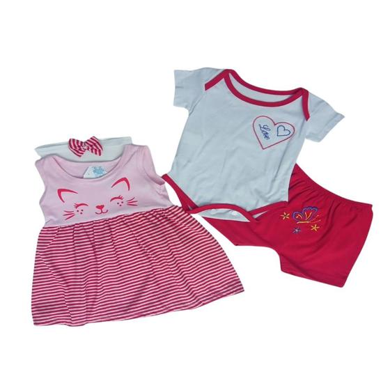 Imagem de Kit Conjunto Vestido Bebe Body e Shorts Menina Estampas Bordadas